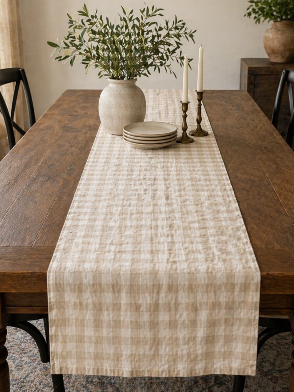 Tan White Check Linen Table Runner 17x100 inches Cottage Core Farmhouse Country
